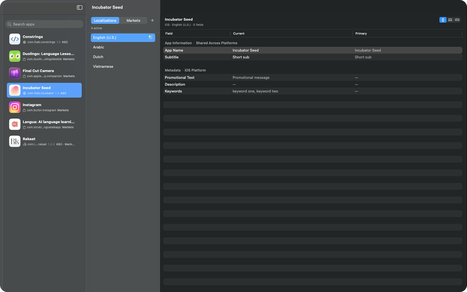 Constrings metadata and Markets workspace